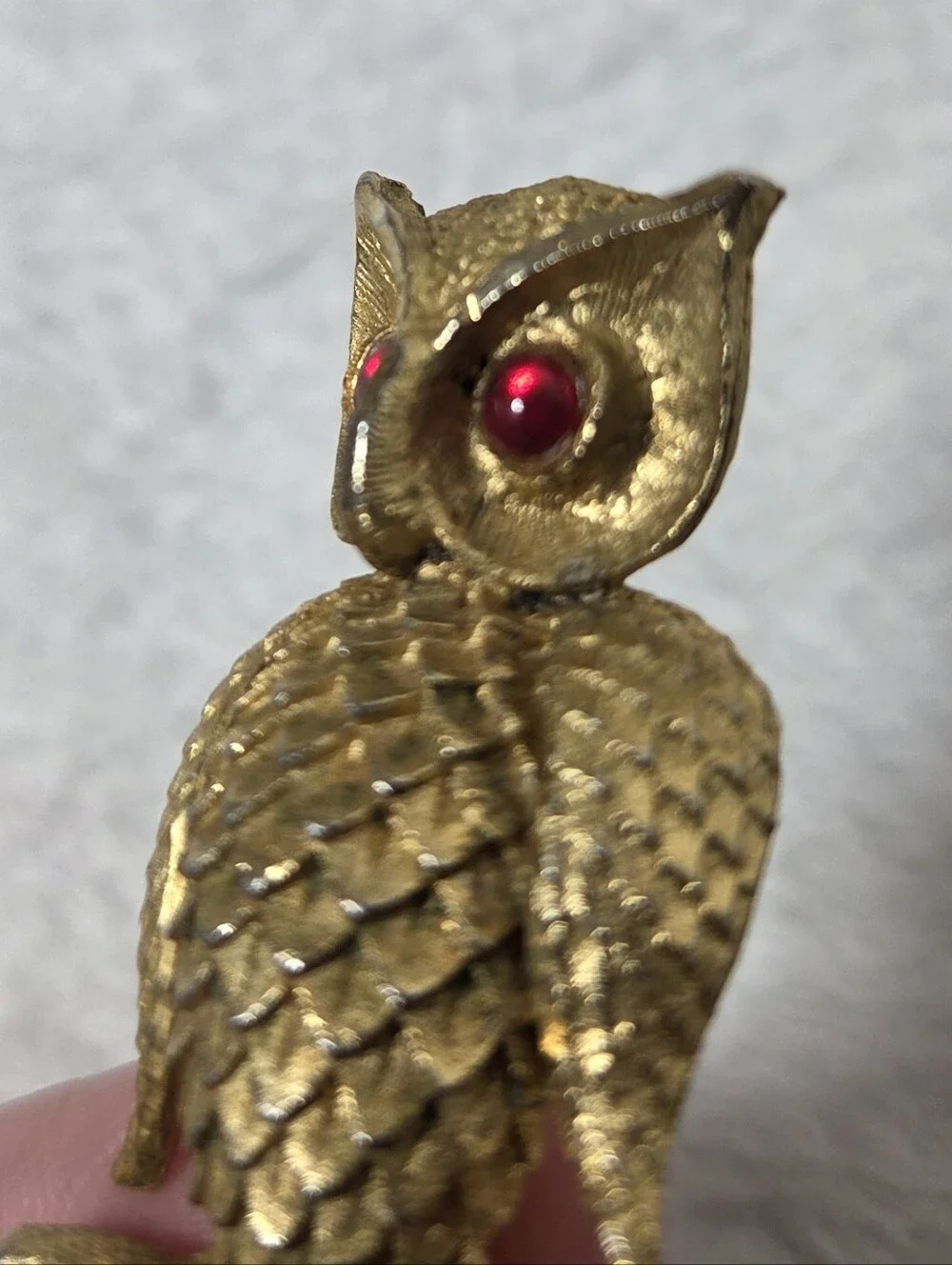 Vintage BSK gold-tone owl brooch with red rhinestone eyesmade Betwn 1950s-1960s
